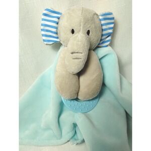 Forever Baby Gray Elephant Teal Blue Security Blanket Lovey Teether Satin 12x12"